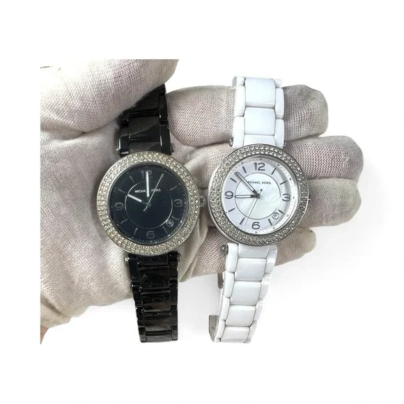 y2k vtg lot of 2 Michael Kors Ceramic Watch crystal bezel mother of pearl‎ - Picture 5 of 16